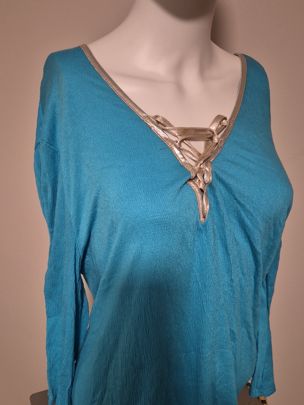 VENUS Teal Long Sleeve V-Neck Top with Gold Accent